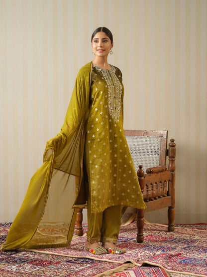 Mustard Embroidered Floral Straight Kurta and Trousers With Dupatta - Buy Best Ethnic Wear for Women & Girls | Daily Woman - 