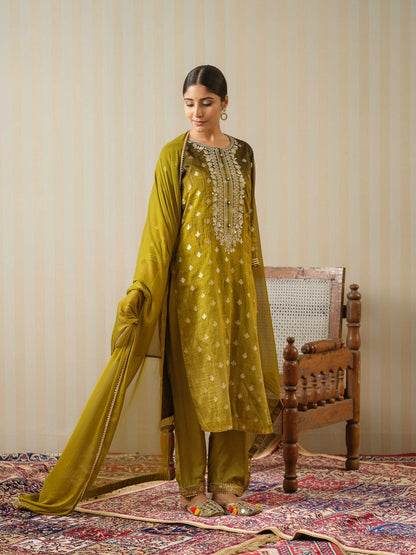 Mustard Embroidered Floral Straight Kurta and Trousers With Dupatta - Buy Best Ethnic Wear for Women & Girls | Daily Woman - 