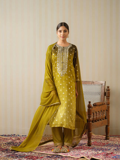 Mustard Embroidered Floral Straight Kurta and Trousers With Dupatta - Buy Best Ethnic Wear for Women & Girls | Daily Woman - 