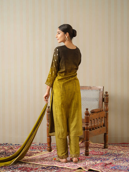 Mustard Embroidered Floral Straight Kurta and Trousers With Dupatta - Buy Best Ethnic Wear for Women & Girls | Daily Woman - 