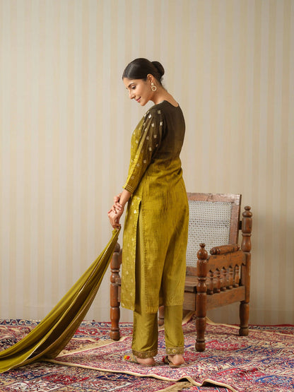 Mustard Embroidered Floral Straight Kurta and Trousers With Dupatta - Buy Best Ethnic Wear for Women & Girls | Daily Woman - 