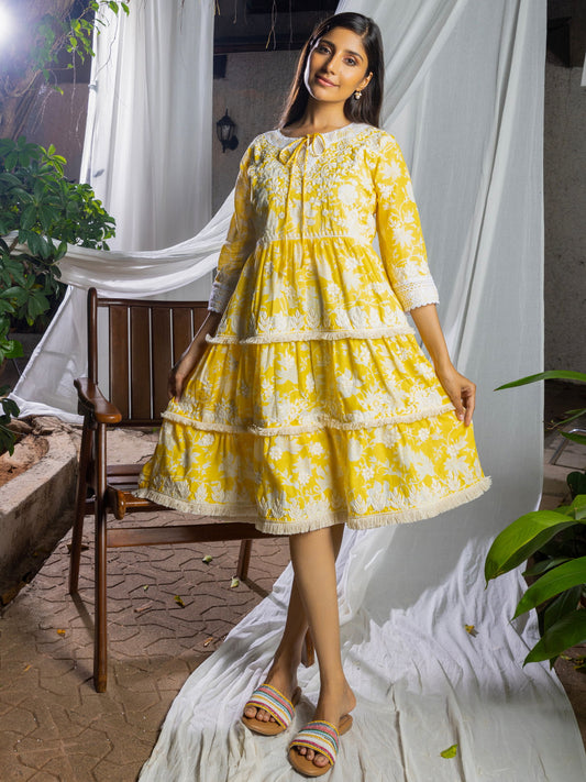 Mustard Flared Embroidered Empire Ethnic Dresses - Buy Best Ethnic Wear for Women & Girls | Daily Woman - 