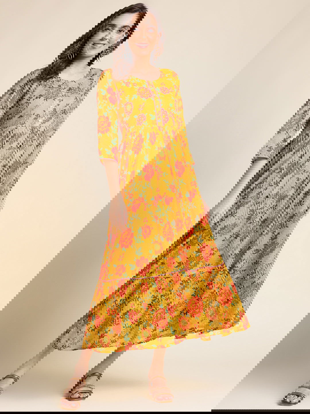 Mustard Flared Printed Empire Ethnic Dresses - Buy Best Ethnic Wear for Women & Girls | Daily Woman - 