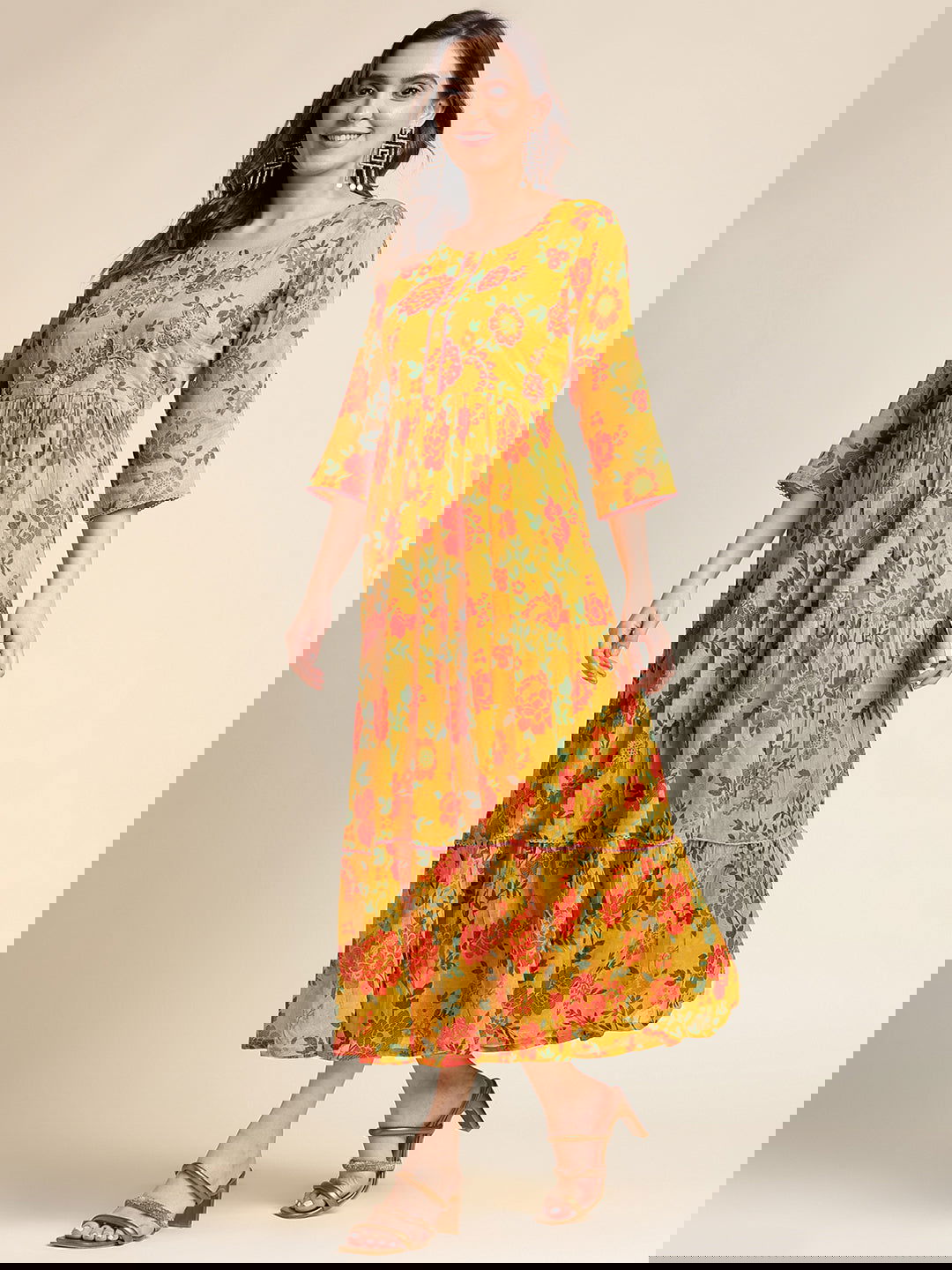 Mustard Flared Printed Empire Ethnic Dresses - Buy Best Ethnic Wear for Women & Girls | Daily Woman - 