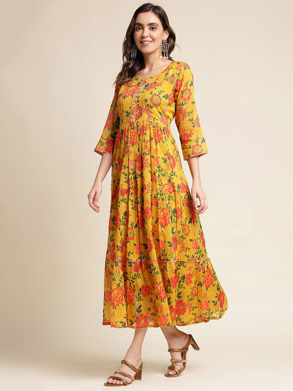 Mustard Flared Printed Empire Ethnic Dresses - Buy Best Ethnic Wear for Women & Girls | Daily Woman - 