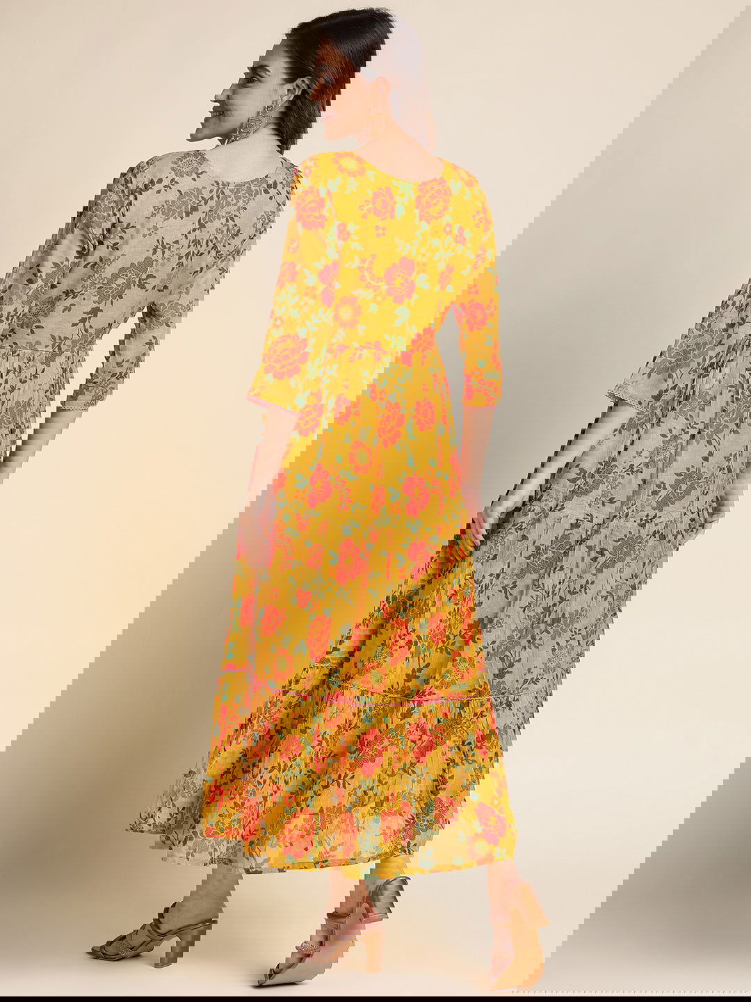 Mustard Flared Printed Empire Ethnic Dresses - Buy Best Ethnic Wear for Women & Girls | Daily Woman - 