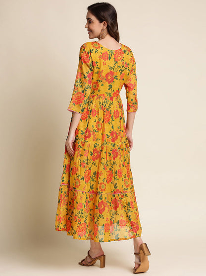 Mustard Flared Printed Empire Ethnic Dresses - Buy Best Ethnic Wear for Women & Girls | Daily Woman - 