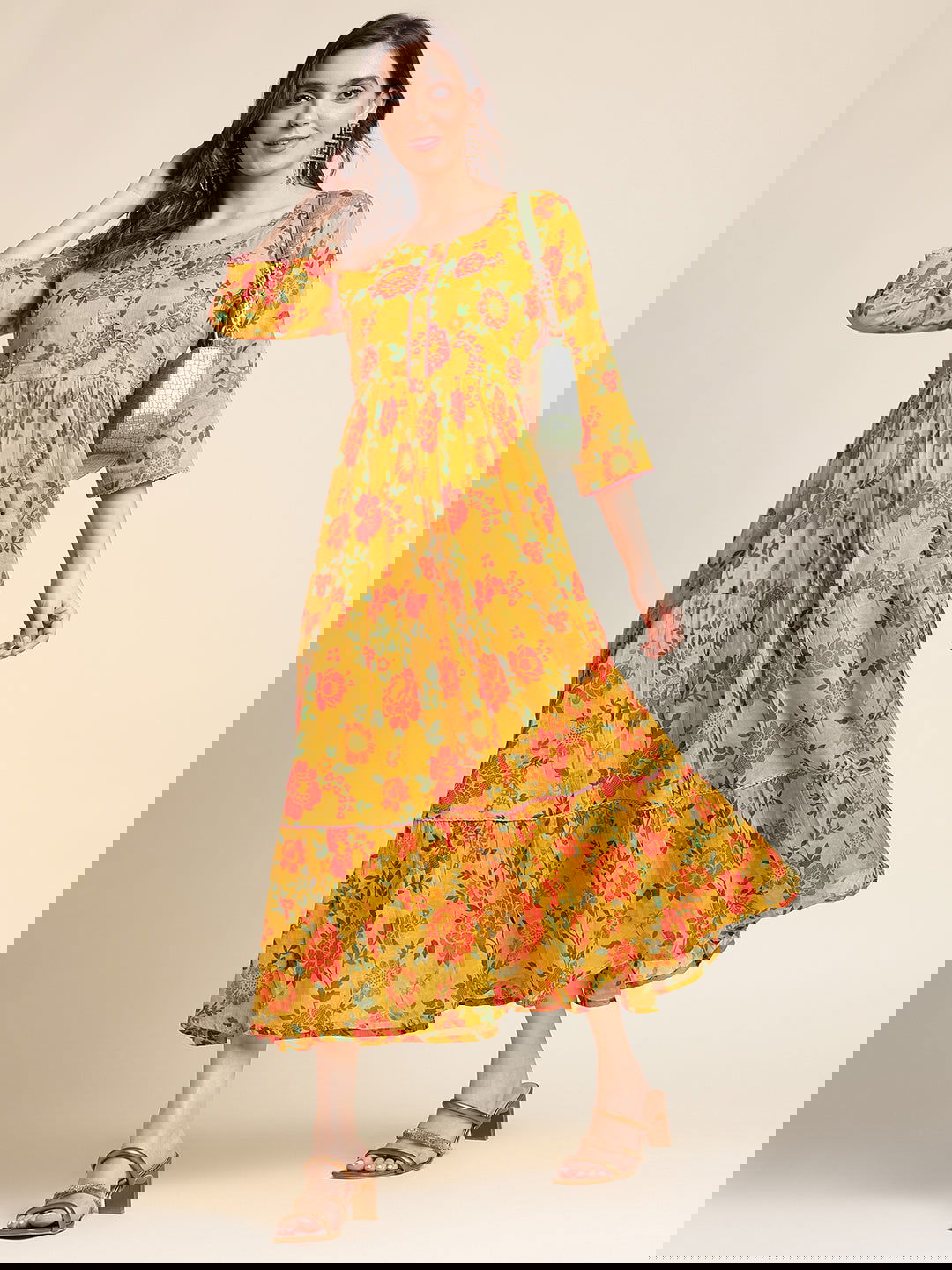 Mustard Flared Printed Empire Ethnic Dresses - Buy Best Ethnic Wear for Women & Girls | Daily Woman - 