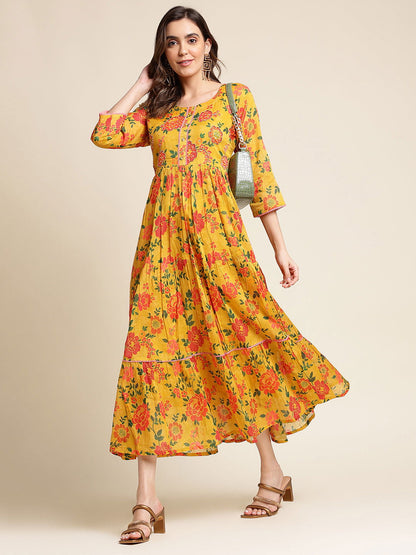 Mustard Flared Printed Empire Ethnic Dresses - Buy Best Ethnic Wear for Women & Girls | Daily Woman - 