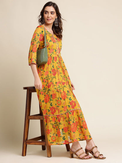 Mustard Flared Printed Empire Ethnic Dresses - Buy Best Ethnic Wear for Women & Girls | Daily Woman - 