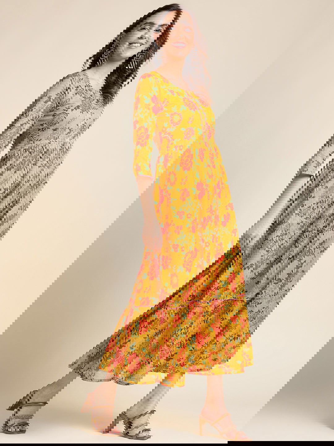 Mustard Flared Printed Empire Ethnic Dresses - Buy Best Ethnic Wear for Women & Girls | Daily Woman - 