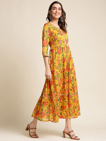 Mustard Flared Printed Empire Ethnic Dresses - Buy Best Ethnic Wear for Women & Girls | Daily Woman - 
