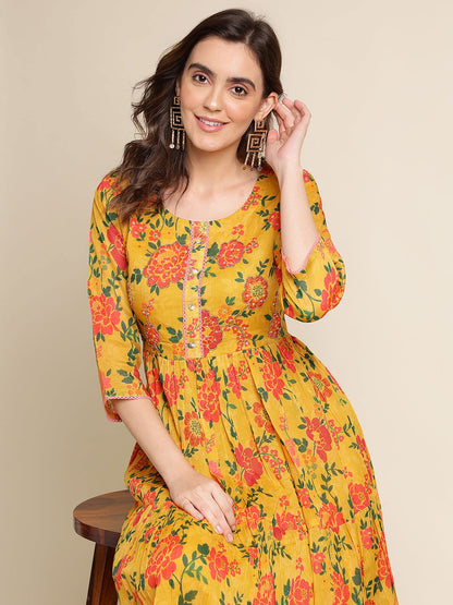 Mustard Flared Printed Empire Ethnic Dresses - Buy Best Ethnic Wear for Women & Girls | Daily Woman - 