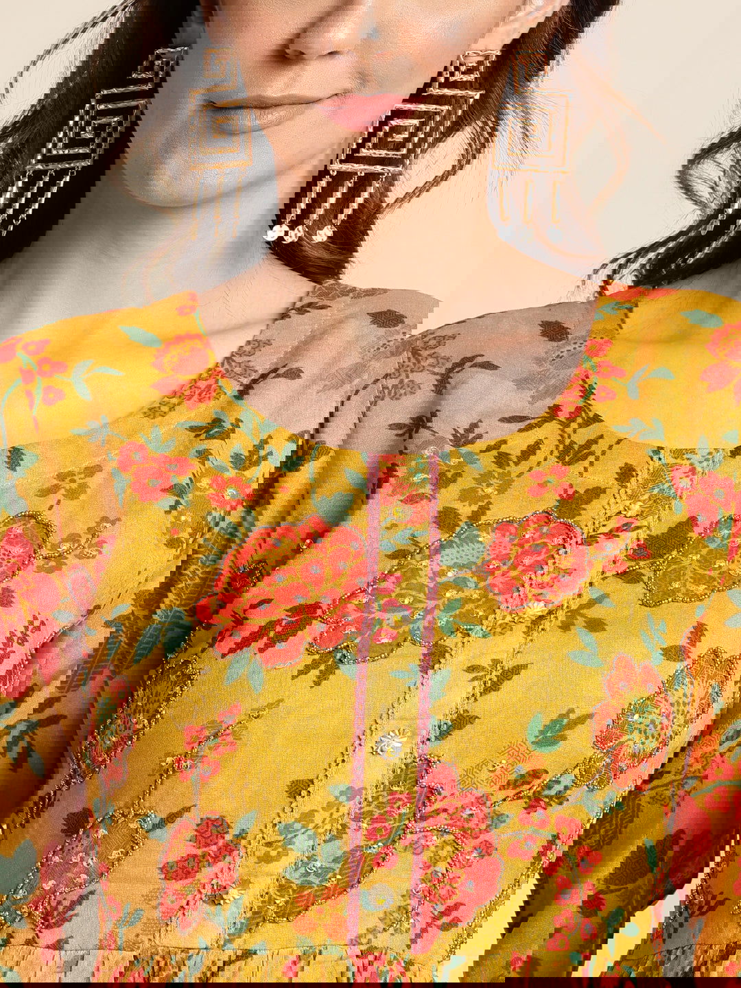 Mustard Flared Printed Empire Ethnic Dresses - Buy Best Ethnic Wear for Women & Girls | Daily Woman - 