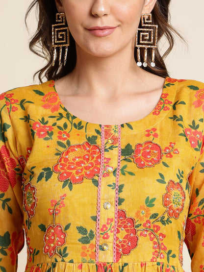 Mustard Flared Printed Empire Ethnic Dresses - Buy Best Ethnic Wear for Women & Girls | Daily Woman - 