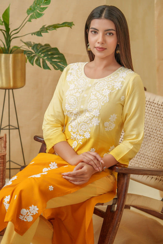 Mustard Floral Embroidered Straight Calf Length Kurta - Buy Best Ethnic Wear for Women & Girls | Daily Woman - 