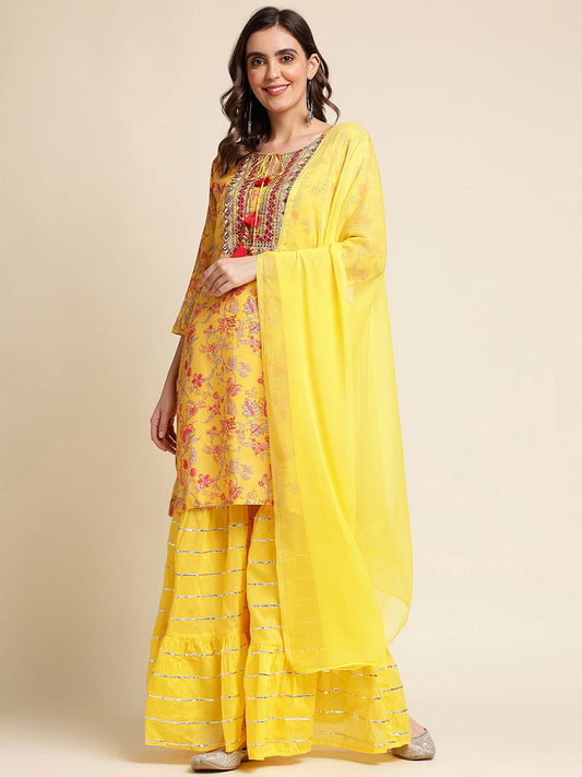 Mustard Floral Yoke Design Straight Kurti and Sharara With Dupatta - Buy Best Ethnic Wear for Women & Girls | Daily Woman - 