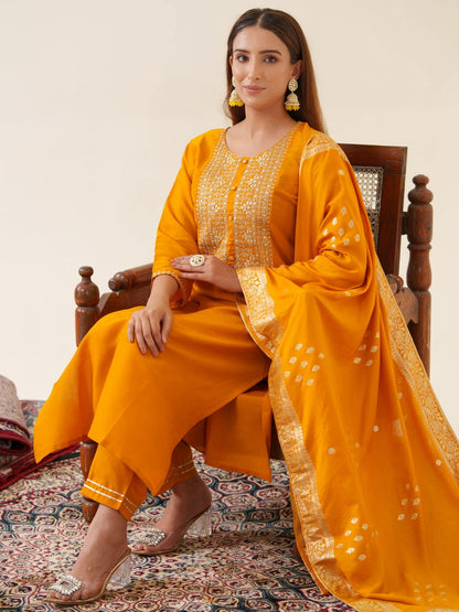 Mustrad Color Poly Chinon Ethnic Motifs Woven Design Zari Regular Kurta with Trousers & Banarasi Dupatta - Buy Best Ethnic Wear for Women & Girls | Daily Woman - 