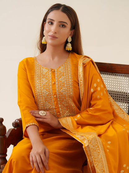 Mustrad Color Poly Chinon Ethnic Motifs Woven Design Zari Regular Kurta with Trousers & Banarasi Dupatta - Buy Best Ethnic Wear for Women & Girls | Daily Woman - 