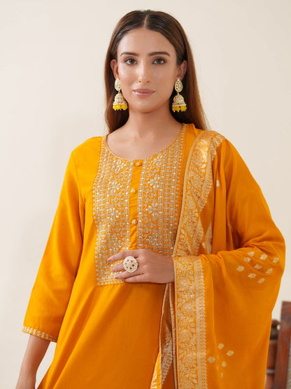 Mustrad Color Poly Chinon Ethnic Motifs Woven Design Zari Regular Kurta with Trousers & Banarasi Dupatta - Buy Best Ethnic Wear for Women & Girls | Daily Woman - 