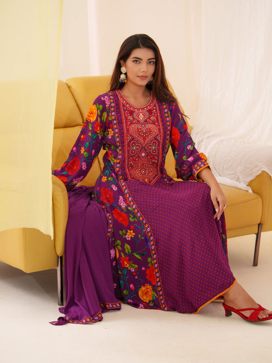 Natural Crepe Purple Color Ethnic Motifs Printed Embroidered Kurta With Trousers & Dupatta - Buy Best Ethnic Wear for Women & Girls | Daily Woman - 