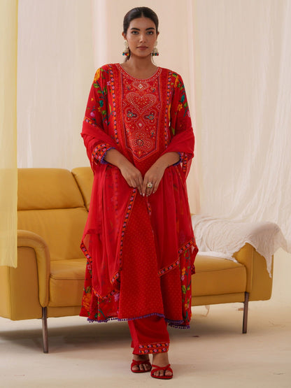 Natural Crepe Red Color Embroidered Kurta With Trousers & Dupatta - Buy Best Ethnic Wear for Women & Girls | Daily Woman - 