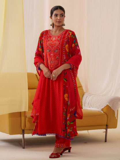 Natural Crepe Red Color Embroidered Kurta With Trousers & Dupatta - Buy Best Ethnic Wear for Women & Girls | Daily Woman - 