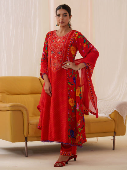 Natural Crepe Red Color Embroidered Kurta With Trousers & Dupatta - Buy Best Ethnic Wear for Women & Girls | Daily Woman - 