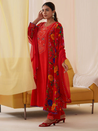 Natural Crepe Red Color Embroidered Kurta With Trousers & Dupatta - Buy Best Ethnic Wear for Women & Girls | Daily Woman - 