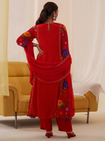 Natural Crepe Red Color Embroidered Kurta With Trousers & Dupatta - Buy Best Ethnic Wear for Women & Girls | Daily Woman - 