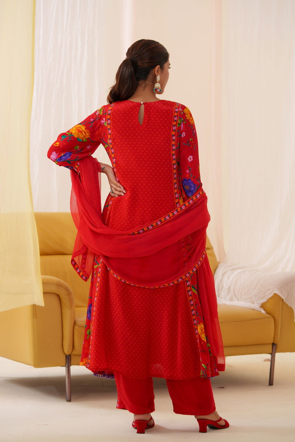 Natural Crepe Red Color Embroidered Kurta With Trousers & Dupatta - Buy Best Ethnic Wear for Women & Girls | Daily Woman - 