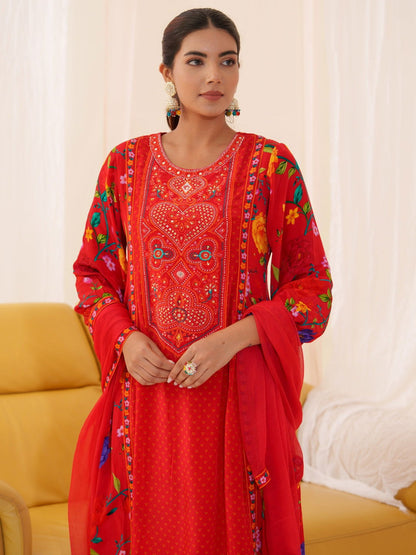 Natural Crepe Red Color Embroidered Kurta With Trousers & Dupatta - Buy Best Ethnic Wear for Women & Girls | Daily Woman - 