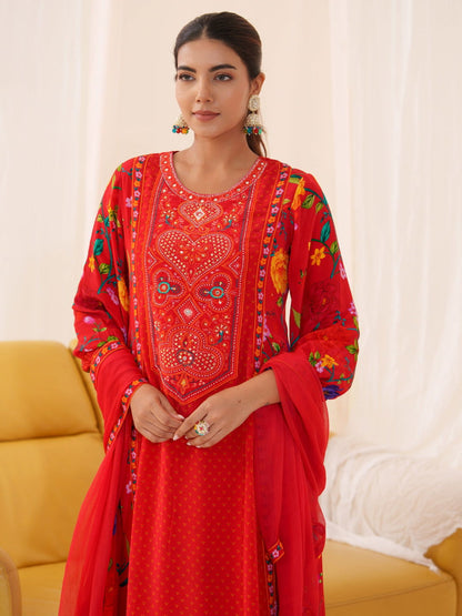 Natural Crepe Red Color Embroidered Kurta With Trousers & Dupatta - Buy Best Ethnic Wear for Women & Girls | Daily Woman - 