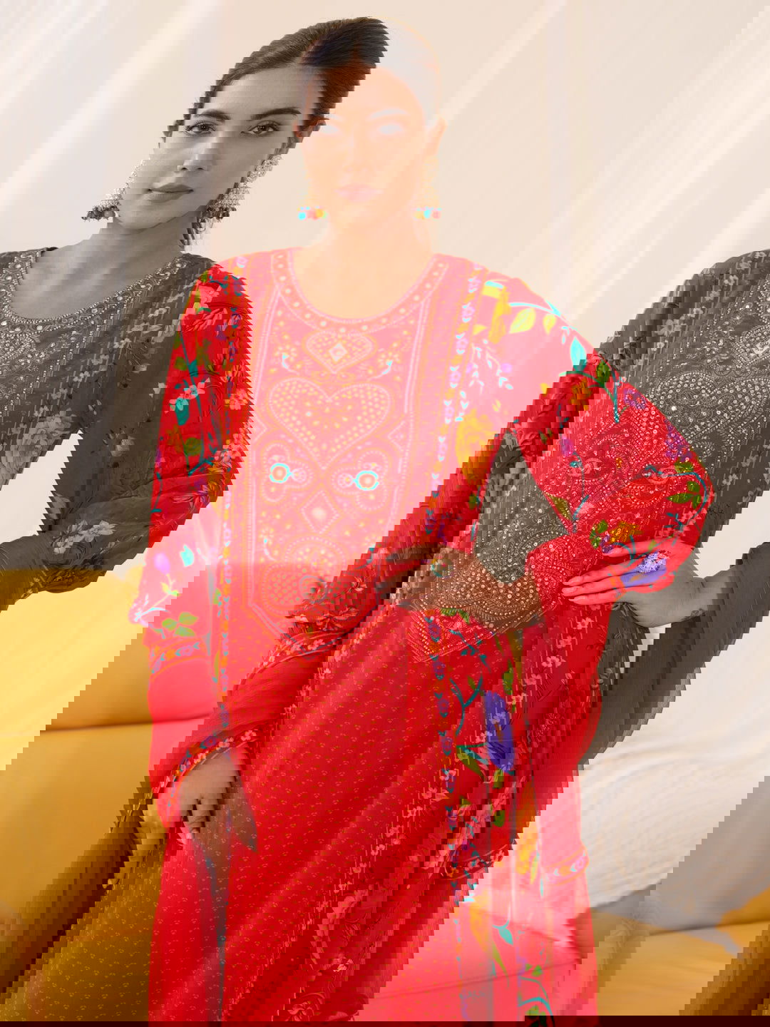Natural Crepe Red Color Embroidered Kurta With Trousers & Dupatta - Buy Best Ethnic Wear for Women & Girls | Daily Woman - 