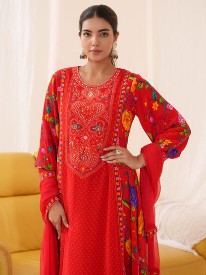 Natural Crepe Red Color Embroidered Kurta With Trousers & Dupatta - Buy Best Ethnic Wear for Women & Girls | Daily Woman - 