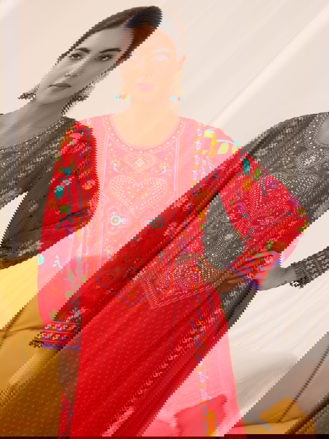 Natural Crepe Red Color Embroidered Kurta With Trousers & Dupatta - Buy Best Ethnic Wear for Women & Girls | Daily Woman - 
