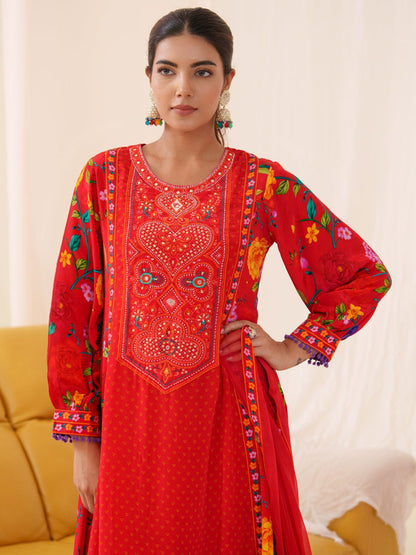 Natural Crepe Red Color Embroidered Kurta With Trousers & Dupatta - Buy Best Ethnic Wear for Women & Girls | Daily Woman - 