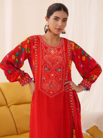 Natural Crepe Red Color Embroidered Kurta With Trousers & Dupatta - Buy Best Ethnic Wear for Women & Girls | Daily Woman - 