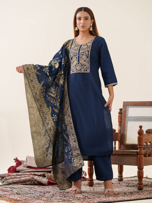Navy-Blue Color Poly Chinon Ethnic Motifs Woven Design Zari Regular Kurta with Trousers & Banarasi Dupatta - Buy Best Ethnic Wear for Women & Girls | Daily Woman - 