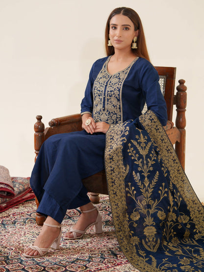 Navy-Blue Color Poly Chinon Ethnic Motifs Woven Design Zari Regular Kurta with Trousers & Banarasi Dupatta - Buy Best Ethnic Wear for Women & Girls | Daily Woman - 