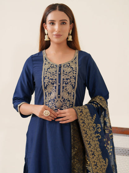 Navy-Blue Color Poly Chinon Ethnic Motifs Woven Design Zari Regular Kurta with Trousers & Banarasi Dupatta - Buy Best Ethnic Wear for Women & Girls | Daily Woman - 