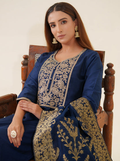 Navy-Blue Color Poly Chinon Ethnic Motifs Woven Design Zari Regular Kurta with Trousers & Banarasi Dupatta - Buy Best Ethnic Wear for Women & Girls | Daily Woman - 