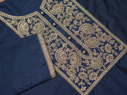 Navy-Blue Color Poly Chinon Ethnic Motifs Woven Design Zari Regular Kurta with Trousers & Banarasi Dupatta - Buy Best Ethnic Wear for Women & Girls | Daily Woman - 
