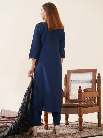 Navy-Blue Color Poly Chinon Ethnic Motifs Woven Design Zari Regular Kurta with Trousers & Banarasi Dupatta - Buy Best Ethnic Wear for Women & Girls | Daily Woman - 