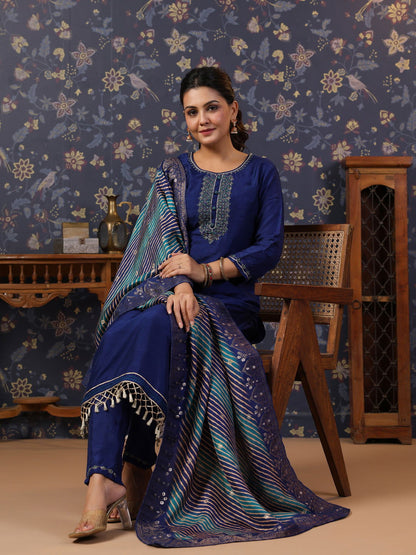 Navy-Blue Thread Work Detailed Straight Pure Silk Kurta & Churidar With Dupatta - Buy Best Ethnic Wear for Women & Girls | Daily Woman - 