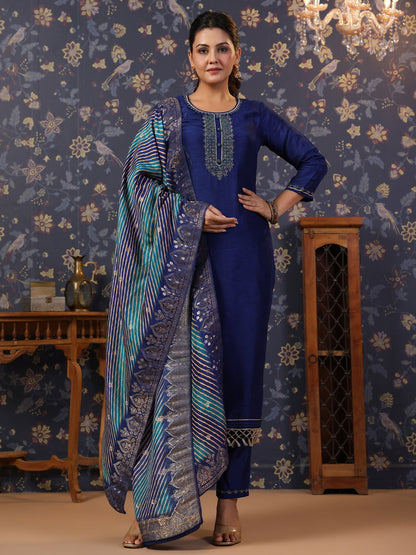 Navy-Blue Thread Work Detailed Straight Pure Silk Kurta & Churidar With Dupatta - Buy Best Ethnic Wear for Women & Girls | Daily Woman - 