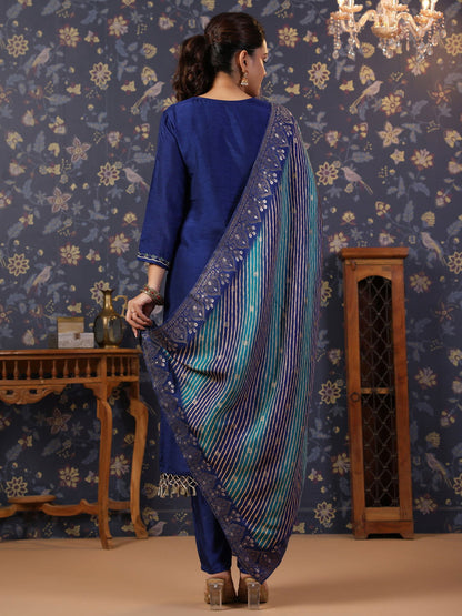 Navy-Blue Thread Work Detailed Straight Pure Silk Kurta & Churidar With Dupatta - Buy Best Ethnic Wear for Women & Girls | Daily Woman - 