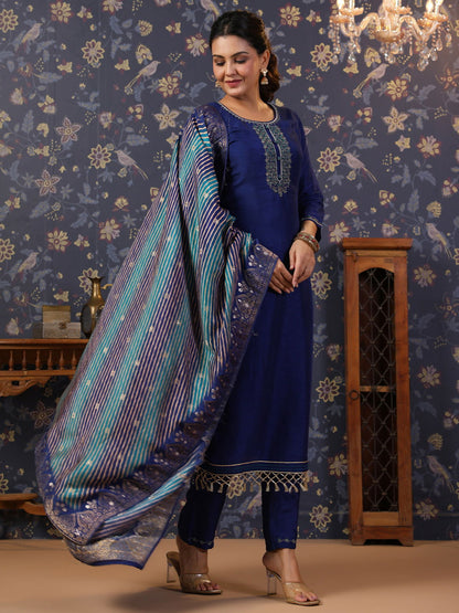Navy-Blue Thread Work Detailed Straight Pure Silk Kurta & Churidar With Dupatta - Buy Best Ethnic Wear for Women & Girls | Daily Woman - 