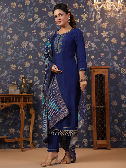 Navy-Blue Thread Work Detailed Straight Pure Silk Kurta & Churidar With Dupatta - Buy Best Ethnic Wear for Women & Girls | Daily Woman - 
