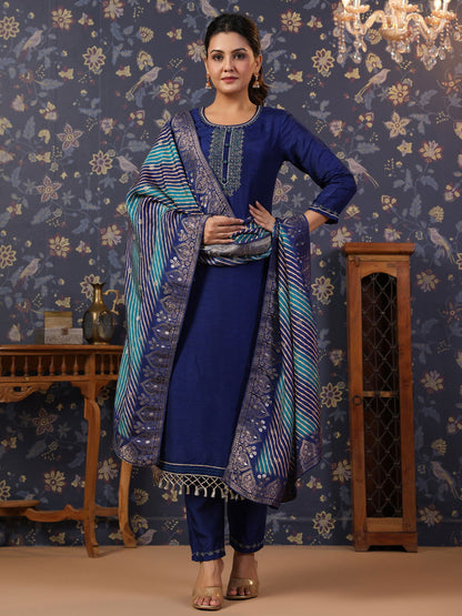 Navy-Blue Thread Work Detailed Straight Pure Silk Kurta & Churidar With Dupatta - Buy Best Ethnic Wear for Women & Girls | Daily Woman - 